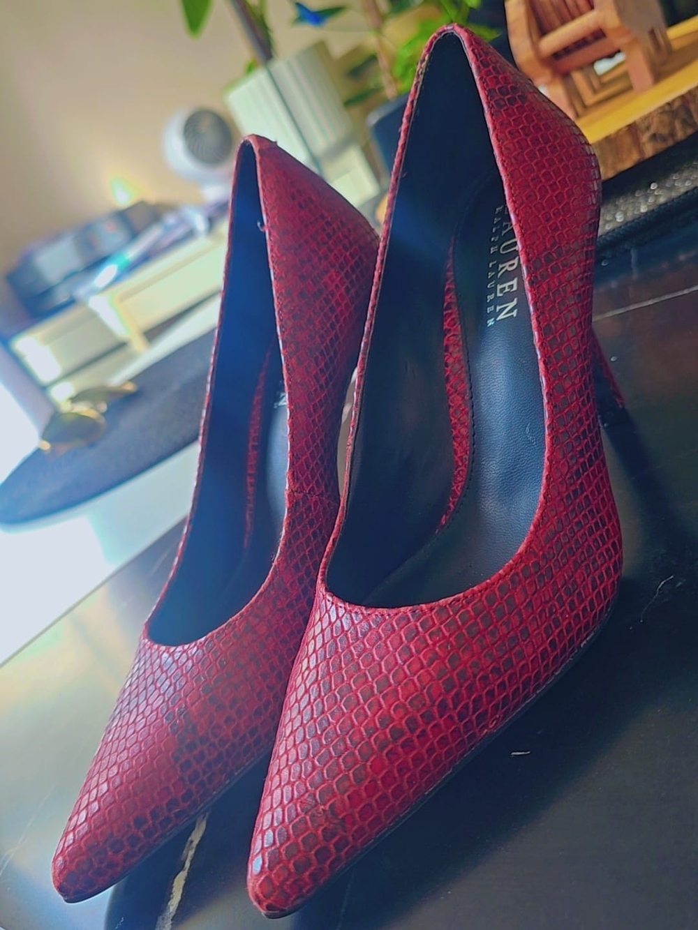 Lauren Ralph Lauren Red Snake-Embossed Pointed Toe Pumps